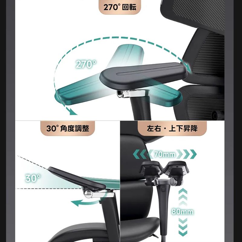 角度の調整も可能な6Dアームレスト