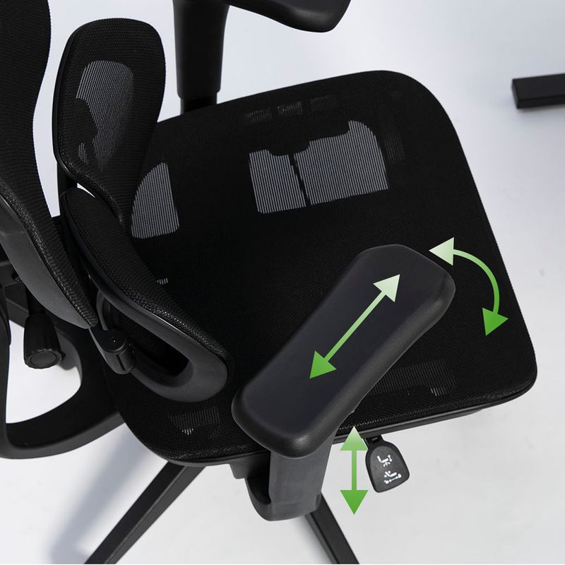 上下前後に加え、角度の調節も可能なアームレスト。