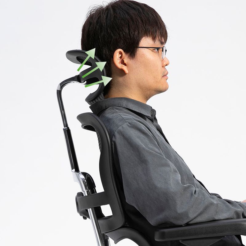 ヘッドレストを使うことで首にかかる頭部の重さを適度に分散させ、首と肩をサポートします。