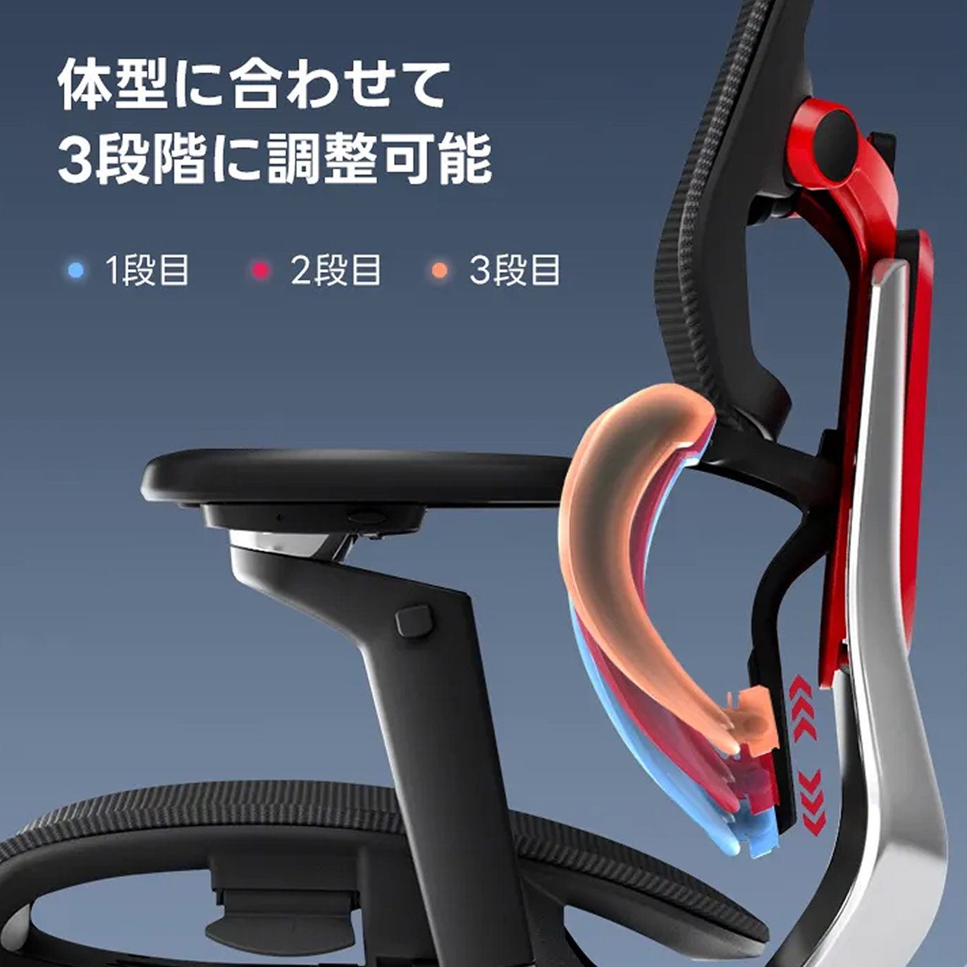 3段階で調整可能なランバーサポート