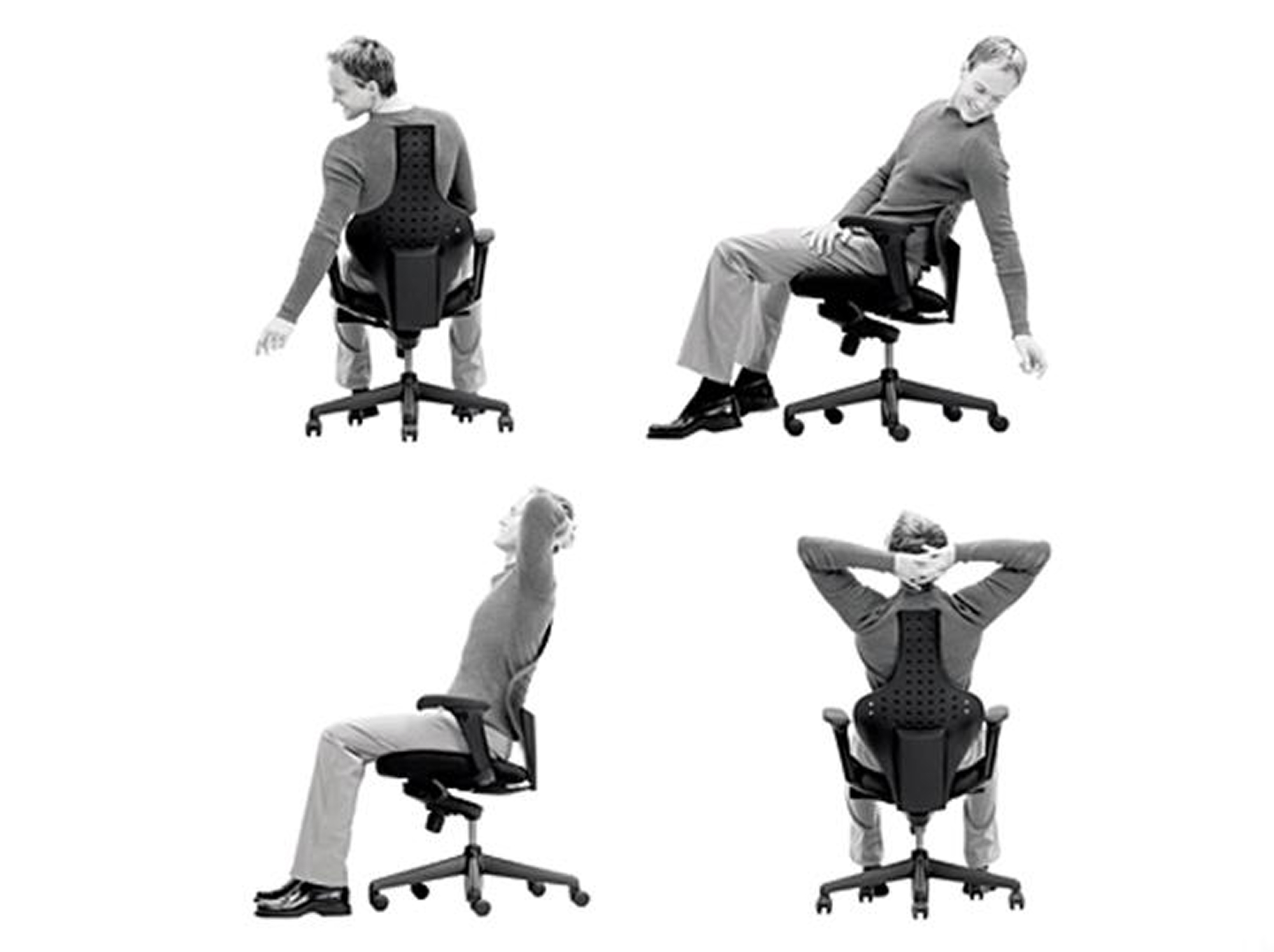 面積の少ない背もたれが肩や腕の可動域を広げる