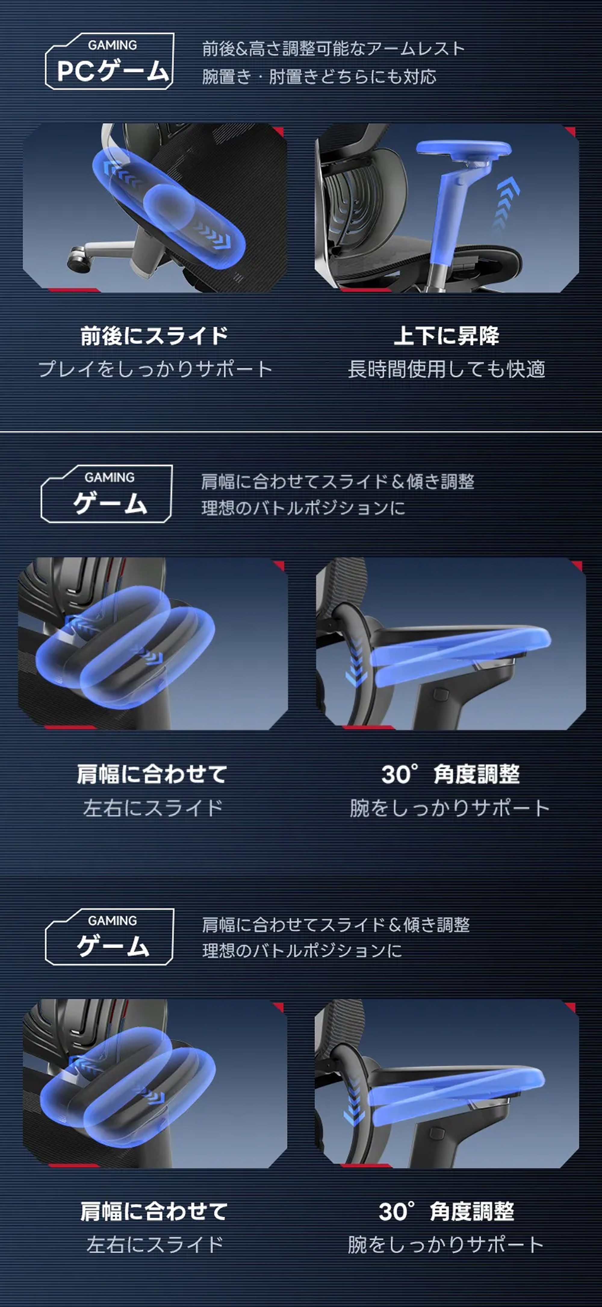 スタイルに合わせて調整可能な6Dアームレスト