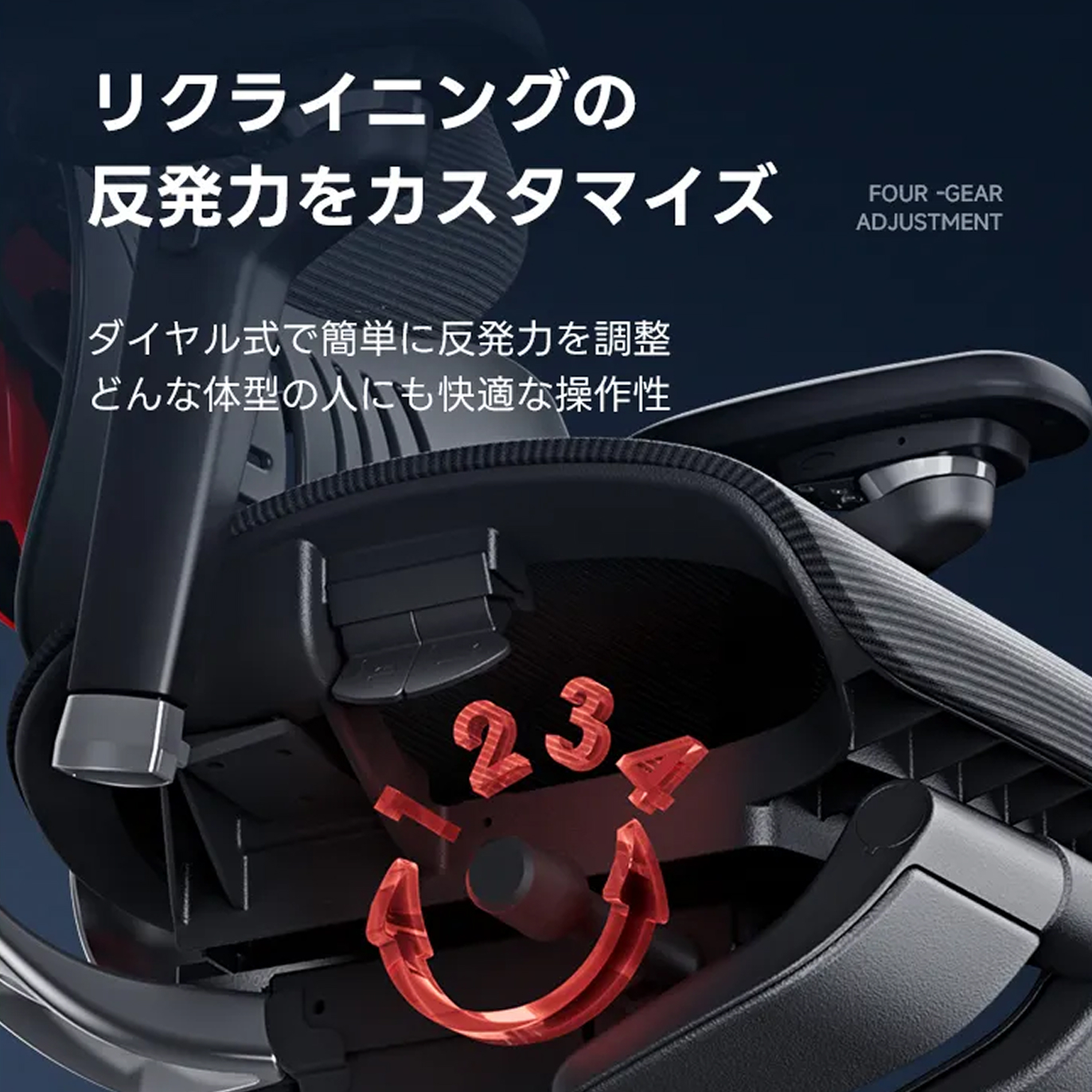 リクライニングの反発力を調整するダイヤルの説明図