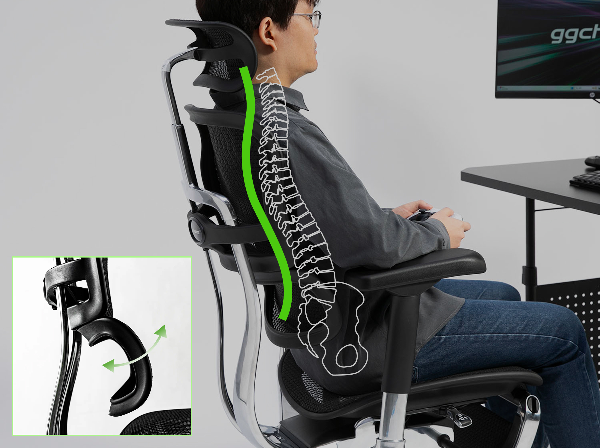 長時間プレイでも体への負担を軽減するランバーサポート